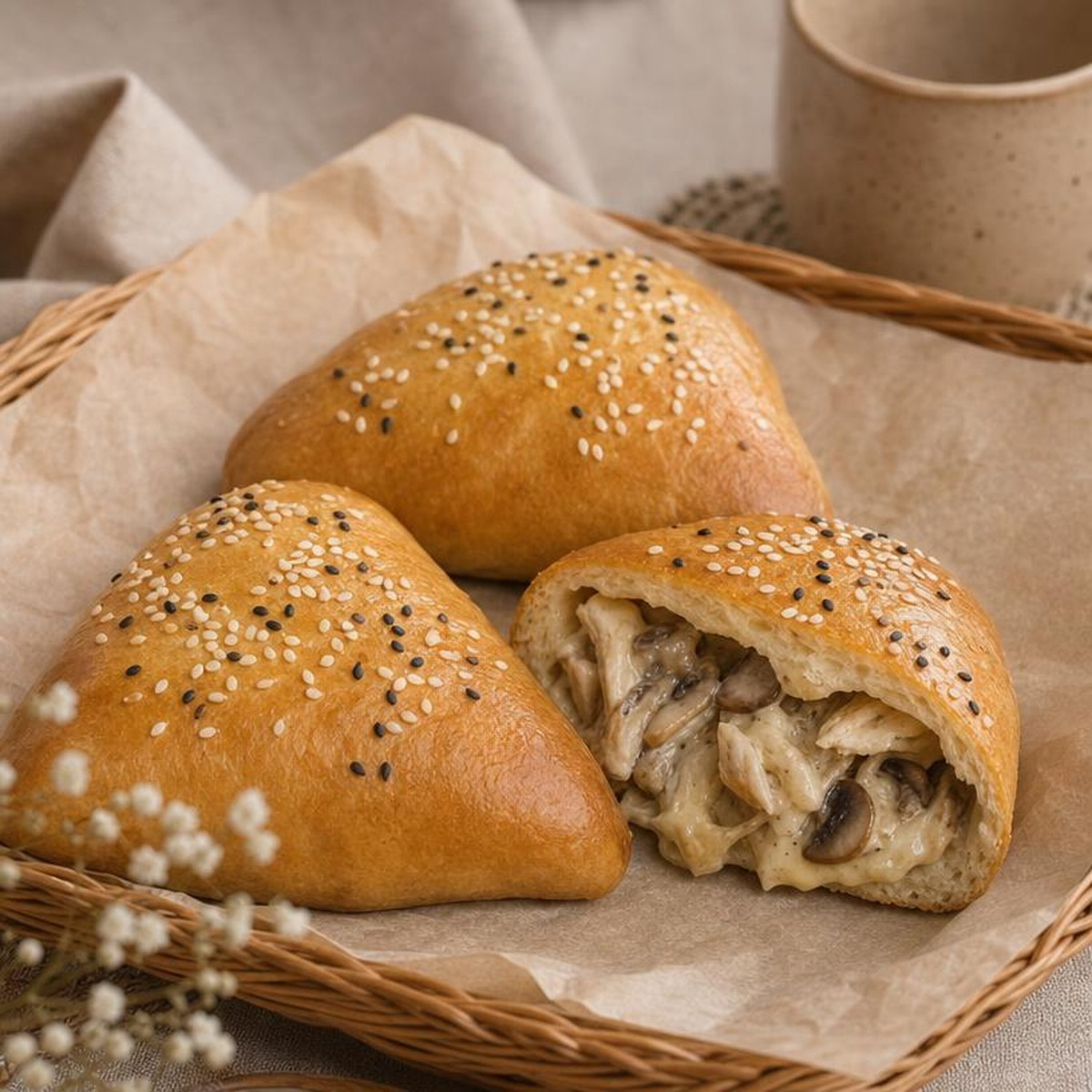 Pieczony pierożek w przekroju — nadzienie z kurczaka, pieczarek i sera